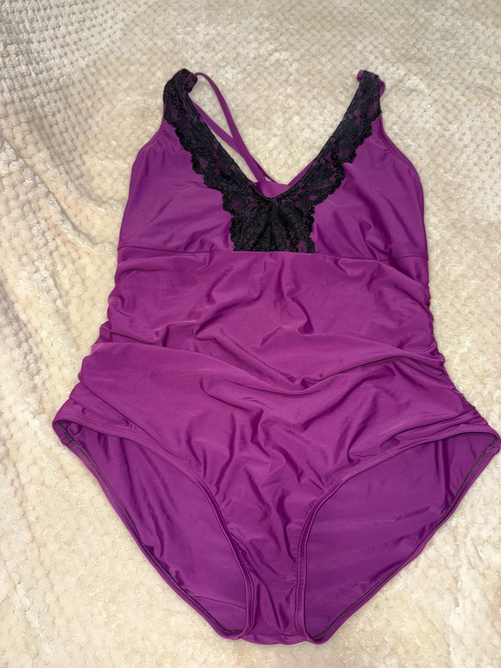 Alexiss Purple One-Piece Swimsuit with Black Lace Trim size 5 (2X)